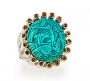Stephen Dweck - Carved Turquoise & Yellow Sapphire Ring