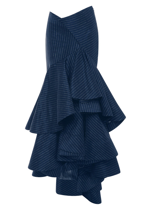 Rosie Assoulin - Pinstriped Linen Layered Ruffled Skirt