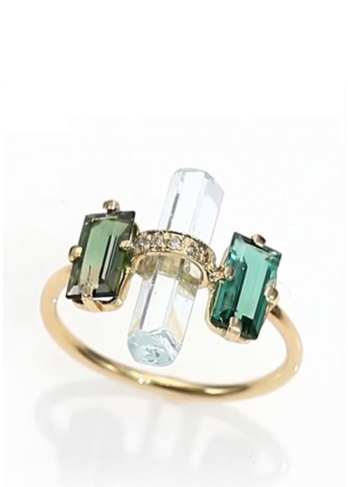 Jacquie Aiche Green Tourmaline, Aquamarine, Diamond & 14K Gold Bar Ring