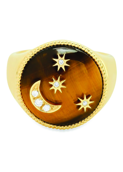 Colette - 18kt Yellow Gold Moon And Stars Tiger Eye And Diamond Signet Ring